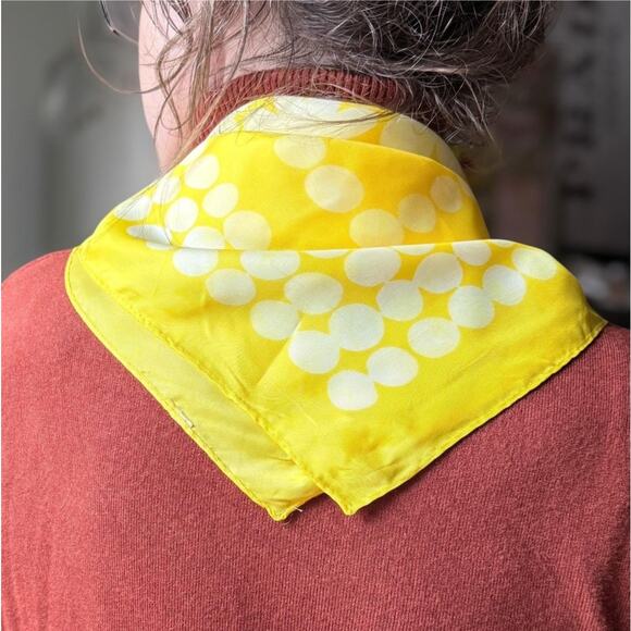 vintage Accessories - Vintage 60s Yellow Silk Scarf | Daisy Motif + Mod Dotted Border | 25” Square